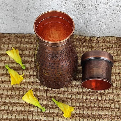 Indian Art Villa Pure Copper Bedroom Water Bottle With Inbuilt Glass Hammered Antique Design