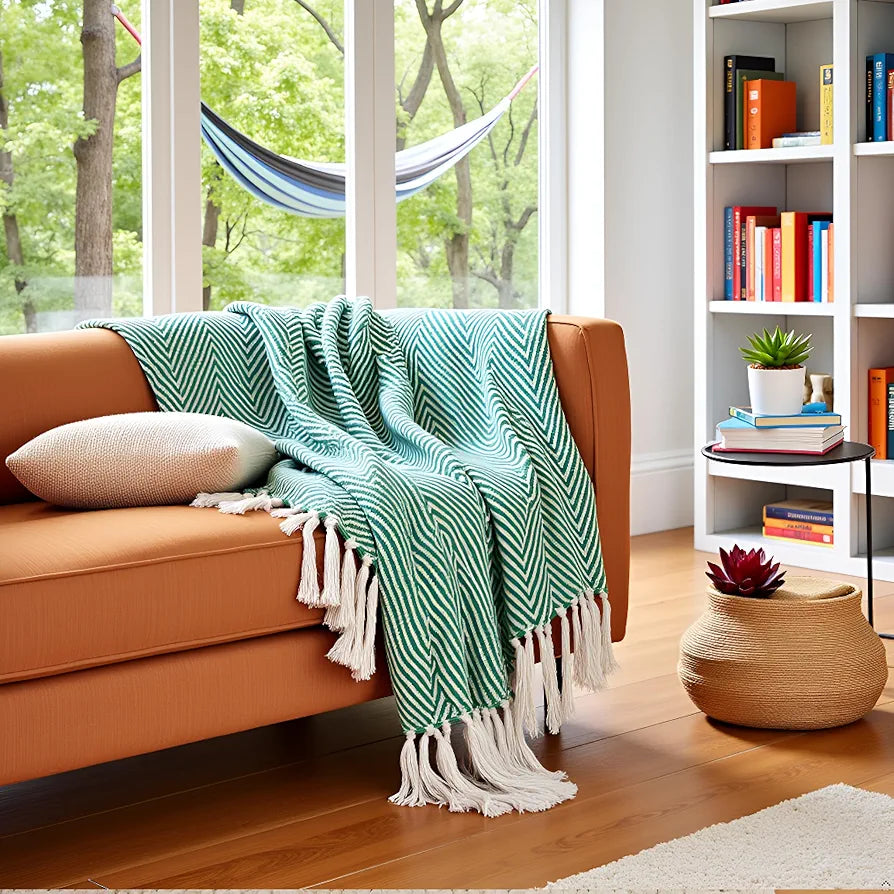 Sajavat Home Hand Knitted Pure Cotton 3 Seater Sofa Throw Colour Green