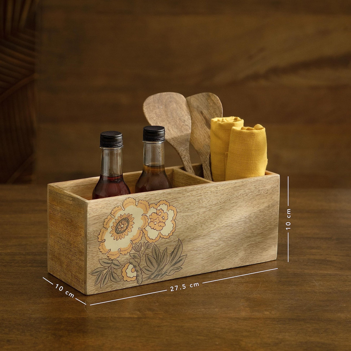 Ellementry Fleur D'Or Wooden Cutlery Holder Premium Spoon Knife Fork Stand Handcrafted Tableware Storage Box