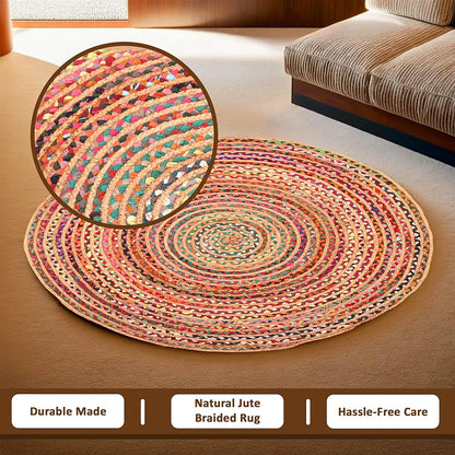 Kuber Industries 4x4 Feet Satranji Doubling Round Jute Rug & Carpet for Home & Bedroom Lines Pink