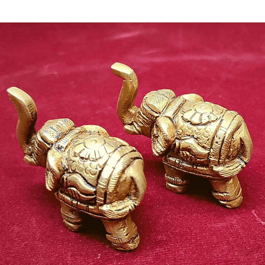 anciently Brass Elephant Pair Showpiece for Home Decor | Elephant Idols for Pooja Room, Brass, Height 4CM, Gold Colour, 2 Piece