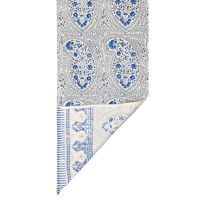 Blocks Of India Hand Block Printed Cotton Table Runner for Center Dining Table Blue Mughal