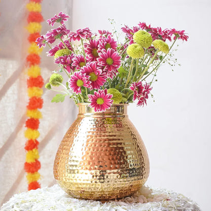 Behoma Matki Shape Metal Flower Vase Hammered Metal Flower Pot Golden Flowers not Included