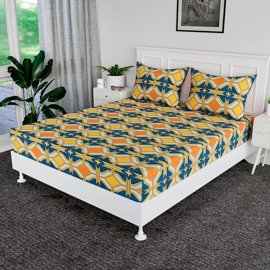 Kuber Industries Double Bedsheet Premium Cotton 120 TC Bedsheet with 2 Pillow Covers for Living Room and Bedroom Green & Orange