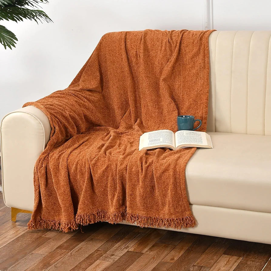 Sashaa World Lightweight Soft Chenille Throw Colour Rust