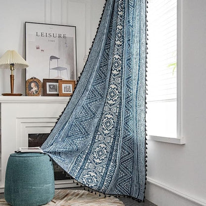 Huesland Cotton Curtains for Door, 7 Feet Long 1 Bohemian Eyelet Curtain | Tribal Style Blue