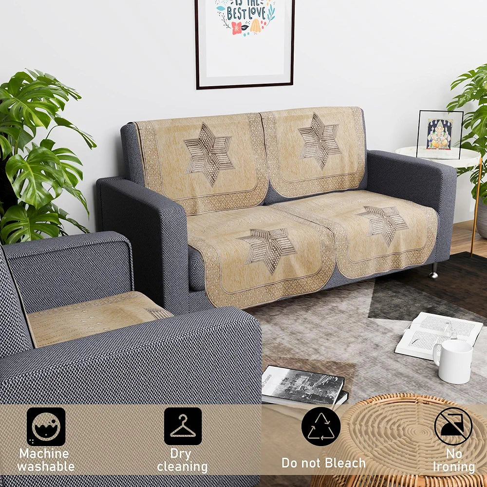 Kuber Industries Set of 6 Durable 2+1 Seater Sofa Cover for Living Room Star Print Cream & Brown