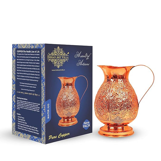 Indian Art Villa 9.0" X 5.0" Pure Copper Leaf Design Jug Pitcher