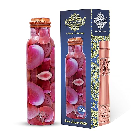 Indian Art Villa Antique Pure Copper Rose Petals Design Water Bottle