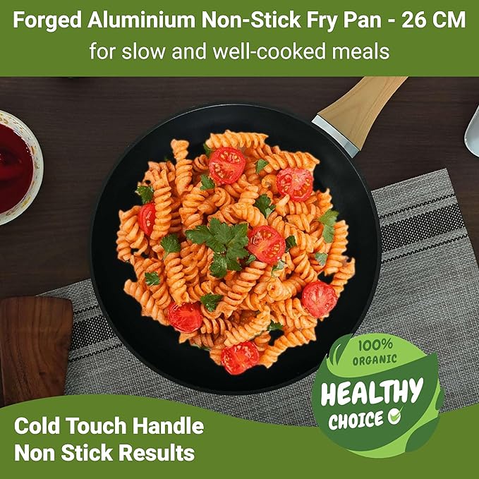 Femora Foged Die Cast Aluminium Non Stick 26 Cm Frypan With Wood Finish Handle | Granite Finish | Induction & Gas Ready
