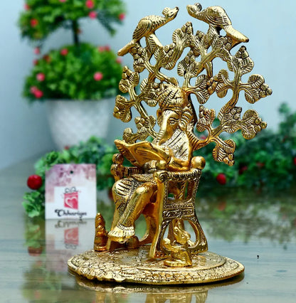Chhariya Crafts Metal Ganesh Reading Ramayana Statue Ganesh Ganpati Sitting on Chair Idol