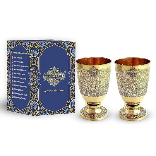 Indian Art Villa Pure Brass Glass Tumbler With Goblet Design - 350 gms (Pack of 2)