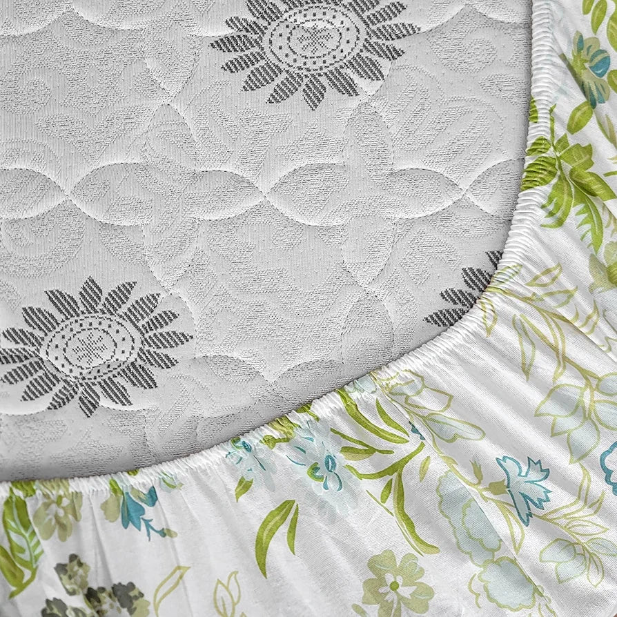 Divine Casa 144 TC 100% Cotton Floral Print Green Super Soft Bedsheet Elastic Fitted King Size Bed Colour Mineral Green