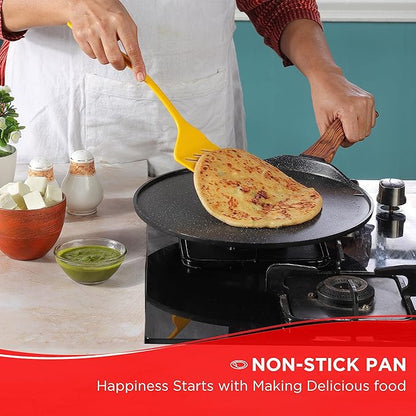 Vinod Zest Plus Die Cast Aluminium Non Stick Tawa - 28 cm | Roti / Paratha / Dosa Tawa with Wooden Handle | 5mm Thick