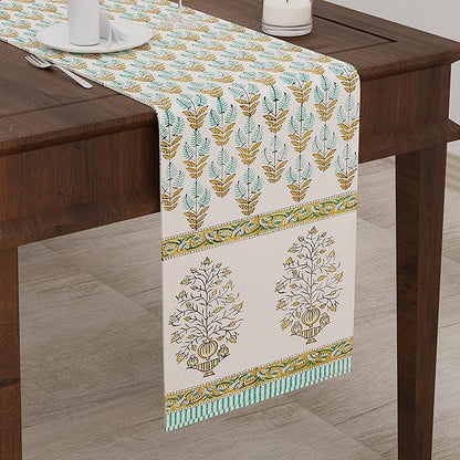 Blocks Of India Hand Block Printed Cotton Table Runner for Center Dining Table Mughal Buta