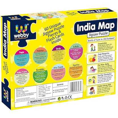 Webby Amazing India Map Jigsaw Floor Puzzle 60 Pcs with 4 Double Sided Flashcards