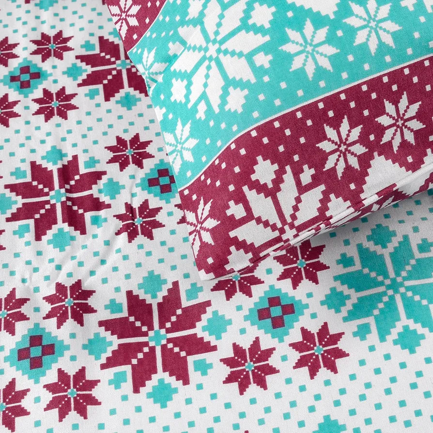 Divine Casa 144 TC Cotton Bedsheet for Double Bed with 2 Pillow Cover Colour Aqua Scarlet