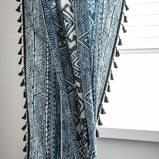 Huesland Cotton Curtains for Door, 7 Feet Long 1 Bohemian Eyelet Curtain | Tribal Style Blue