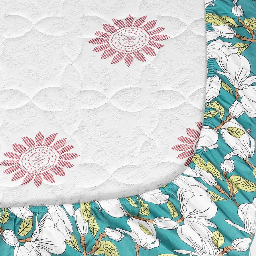 Divine Casa 144 TC Cotton Floral Print King Size Double Bed Elastic Fitted Bedsheet with 2 Pillow Cover Colour Aruba Blue