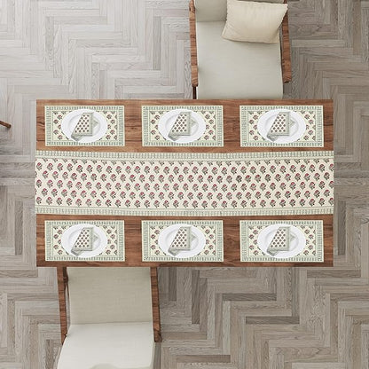 Blocks Of India Hand Block Printed Cotton Table Runner Mat and Napkin Set for Center Pink Grey Buti