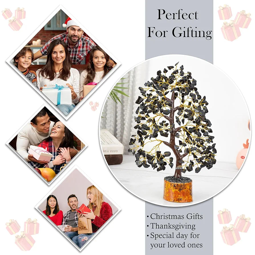 Hindcraft Black Tourmaline Crystal Tree Golden Wire 10-12 inch