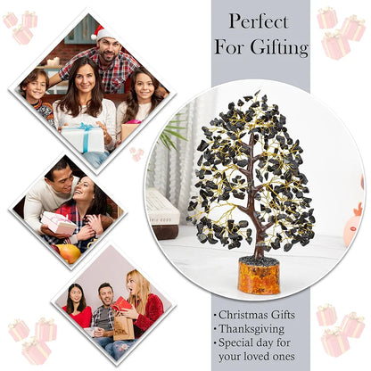 Hindcraft Black Tourmaline Crystal Tree Golden Wire 10-12 inch