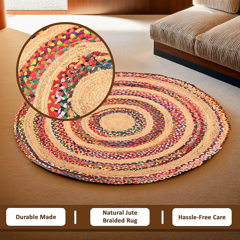 Kuber Industries Satranji Round Jute Rug & Carpet for Home & Bedroom Stripes Pink