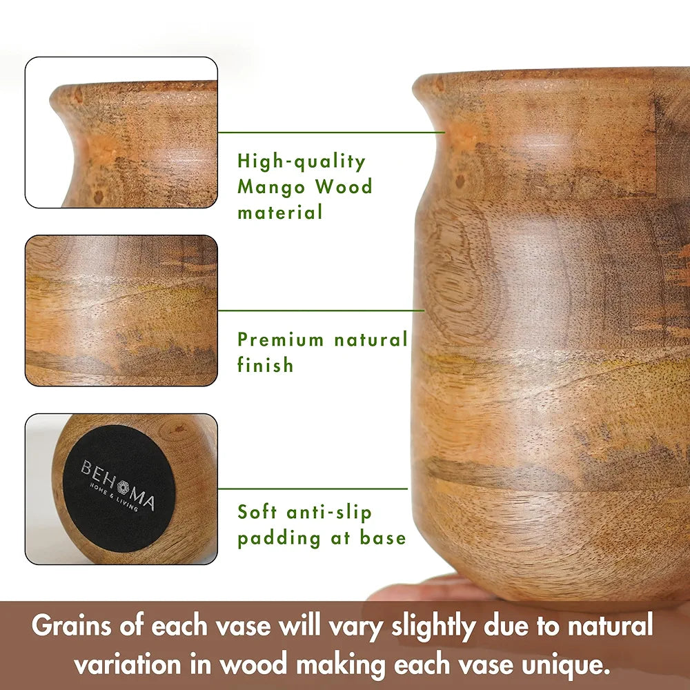 Behoma Flower Vase Jar Shape Mango Wood Vases Natural Light Brown Finish Flowers not Included