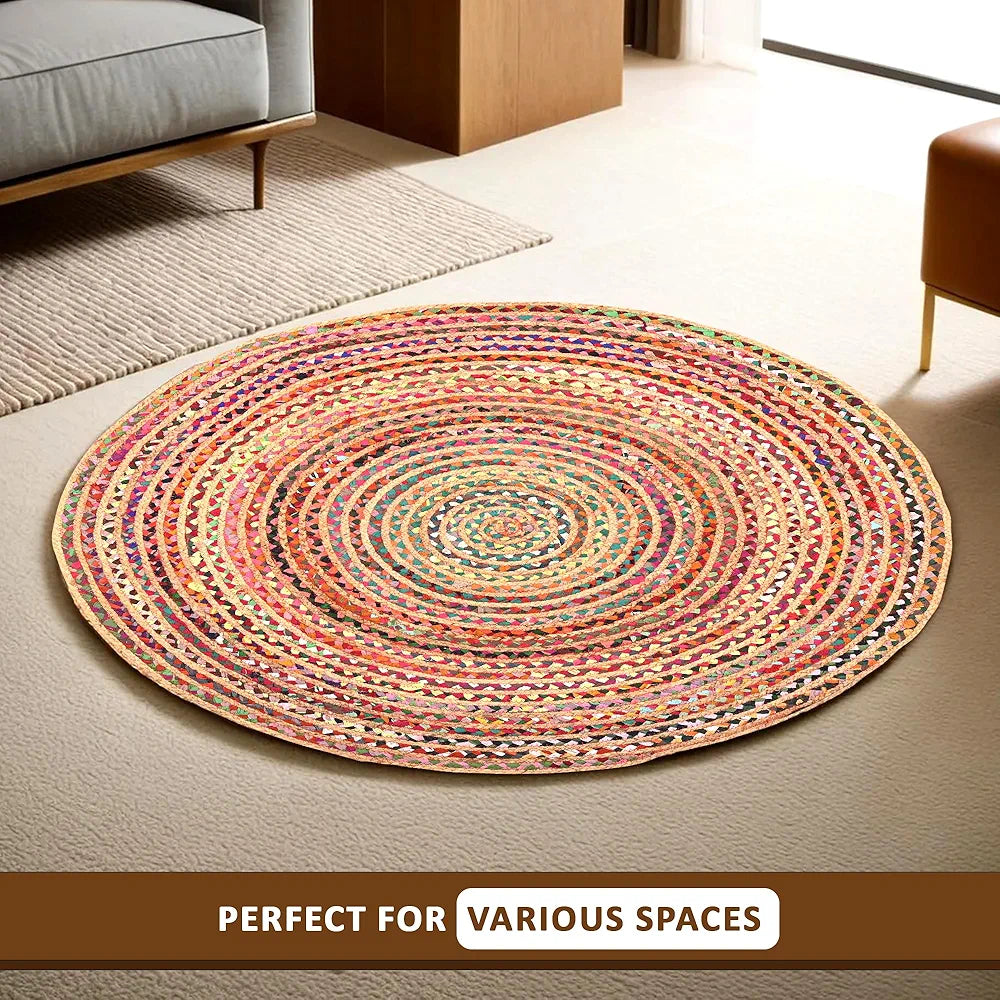 Kuber Industries 4x4 Feet Satranji Doubling Round Jute Rug & Carpet for Home & Bedroom Lines Pink