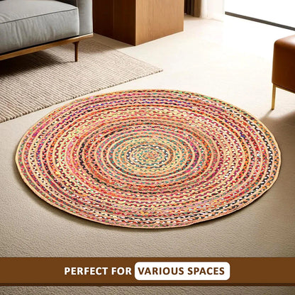 Kuber Industries 4x4 Feet Satranji Doubling Round Jute Rug & Carpet for Home & Bedroom Lines Pink