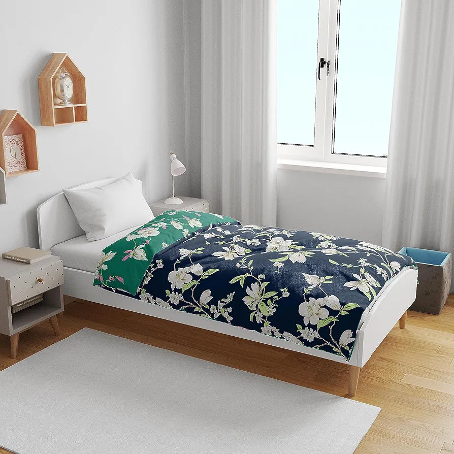 Divine Casa 120 GSM Microfiber Single Kids Dohar Soft & Lightweight Throw Blanket Floral Pattern Colour Bristol Blue
