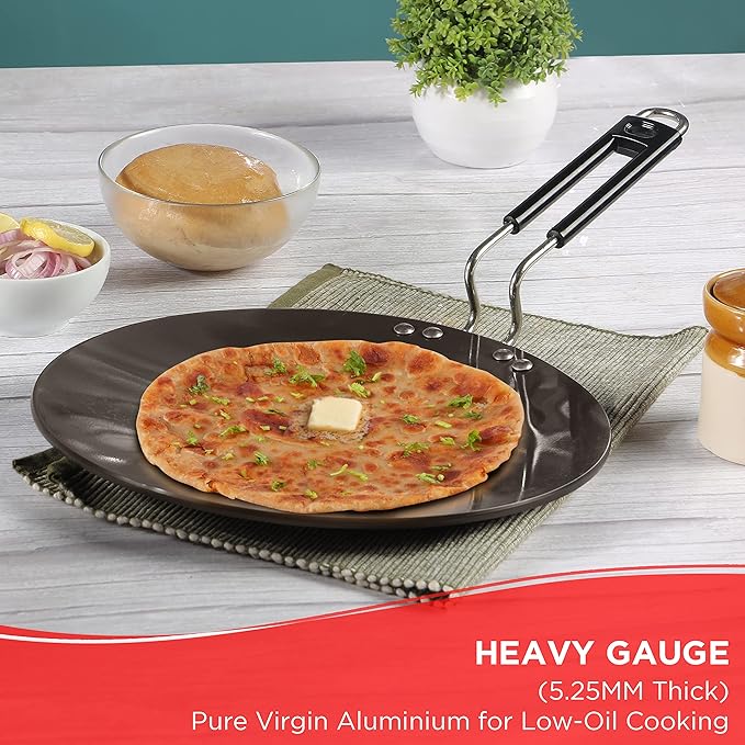 Vinod Black Pearl Hard Anodised Tawa - 25 cm | 4.25mm Thickness | Metal Spoon Friendly | Riveted Sturdy Handle