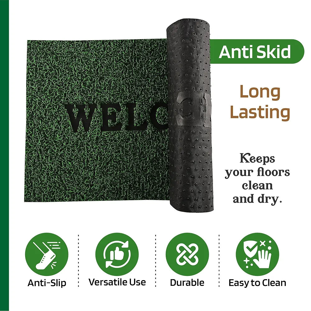 Kuber Industries Anti-Slip Welcome Print Grass Door Mats for Home Green