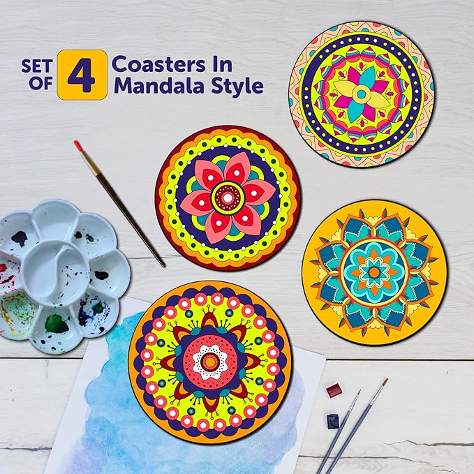 Mini Leaves Wooden Mandala Painting Art and Craft Kit With Wooden Stand- Advance Level | Tea Coaster Diy Art and Craft Kit | Set of 4