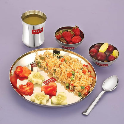 Hazel Stainless Steel Dinner Set for Kids Baby Dinner Set Combo of Steel Plate Glass Bowl & Spoon