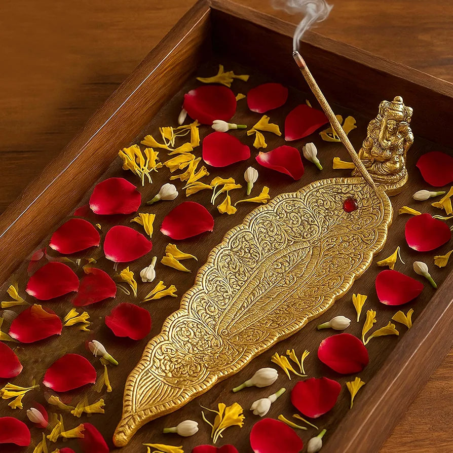Pure Source India Aluminum Incense Holder & Ash Catcher Agarbatti Stand Featuring Ganesh Figurine Gold