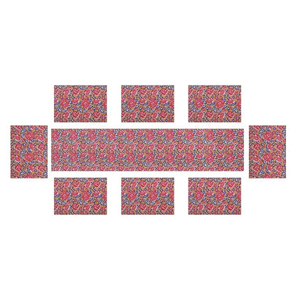 Texstylers Cotton Canvas Block Printed Jaipuri Rajasthani 1 Table Runner and 8 Placemat Set Mustard Red