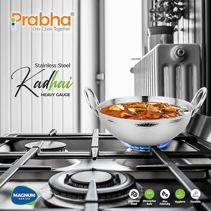 Prabha Stainless Steel Hammered Finish Heavy Gauge Kadhai Kitchen Wok with 3.4L Capacity 280 mm