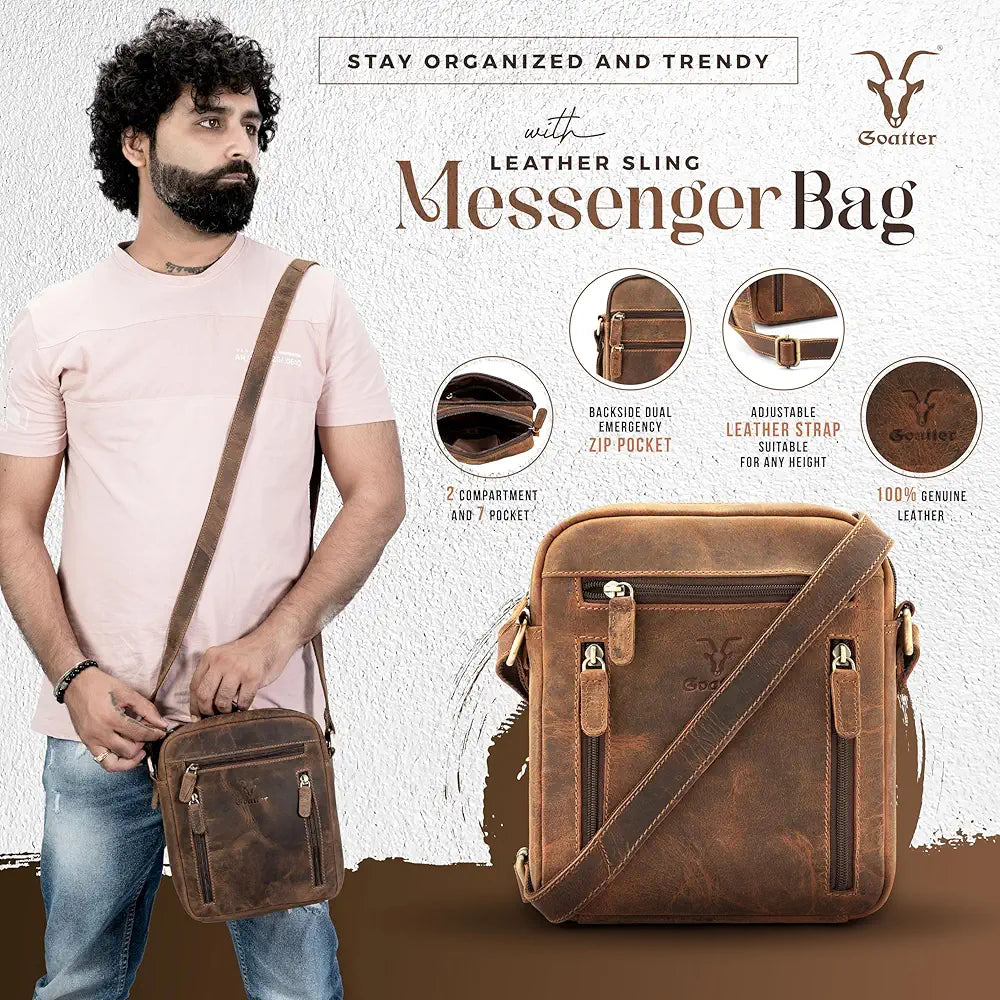 Goatter Genuine Leather Multi Pocket 9" Inch Messenger Sling Bag For Men