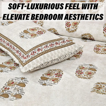 Kuber Industries Double Bedsheet with 2 Pillow Covers 160 TC Premium Cotton Dezier Flower Boota Beige