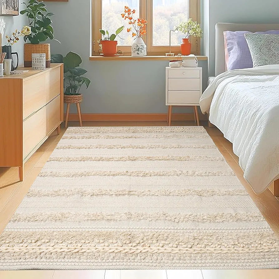 Sajavat Home Pure Cotton Soft and Durable Floor Rug Cream & White