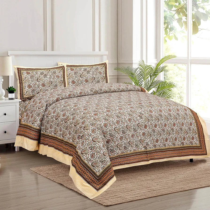 Kuber Industries Double Bedsheet with 2 Pillow Covers 160 TC Premium Cotton Dezier Bell Print Cream