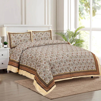 Kuber Industries Double Bedsheet with 2 Pillow Covers 160 TC Premium Cotton Dezier Bell Print Cream