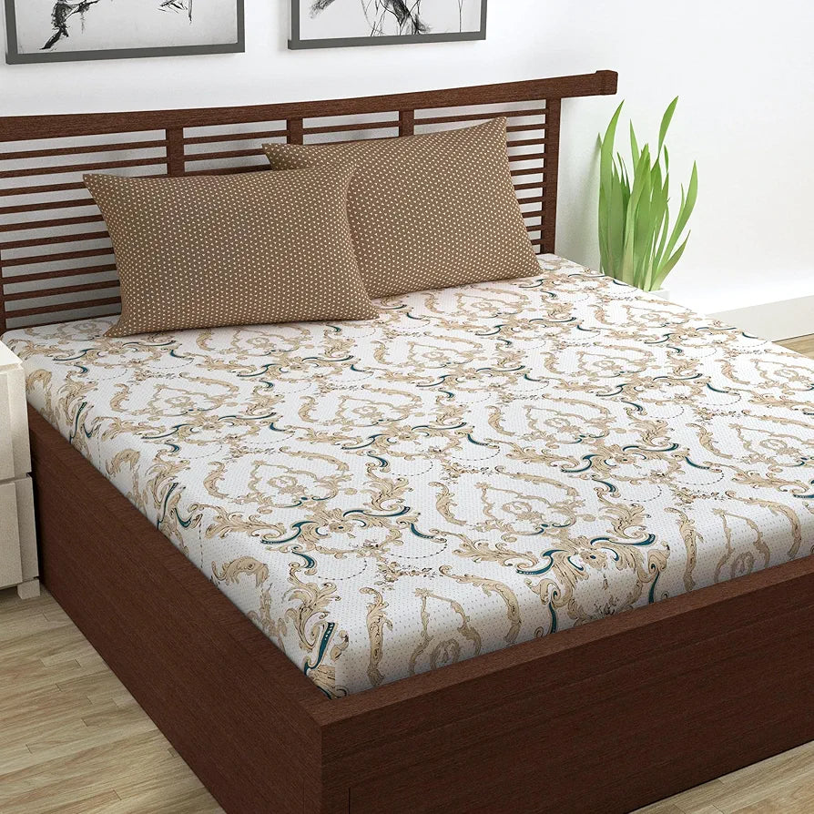 Divine Casa Double Size Bedsheet for Double Bed 144 TC Pure Cotton Queen Size with 2 Pillow Covers Floral Colour Ivory Gold