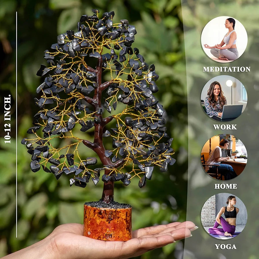 Hindcraft Black Tourmaline Crystal Tree Golden Wire 10-12 inch