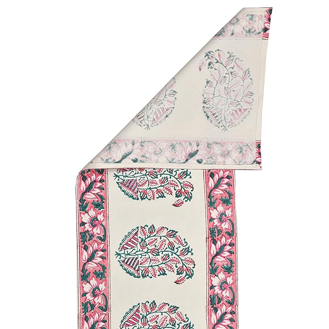 Blocks Of India Hand Block Printed Cotton Table Runner For Center Dining Table Pink & Peach Paisley Large