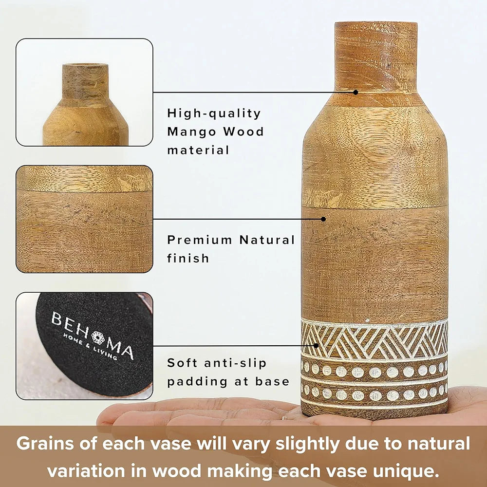 Behoma Boho Engraved Design Wooden Flower Vase Set of 2 Bottle Shape Natural Light Brown Finish Flowers not Included