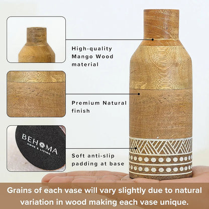 Behoma Boho Engraved Design Wooden Flower Vase Set of 2 Bottle Shape Natural Light Brown Finish Flowers not Included