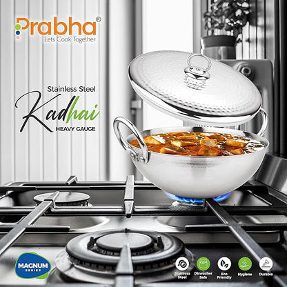 Prabha Stainless Steel Heavy Gauge Hammered Finish Kadhai with Lid, 1.0 L Size 170 mm