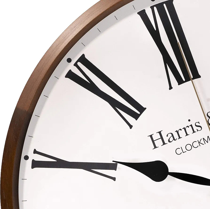 Harris & Co. Clockmasters Luxury Wooden Frame Curved Glass Silent Sweep Noiseless Technology Roman Design Analog Wall Clock With Spade Hands